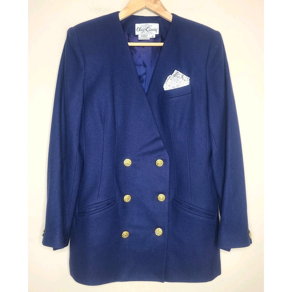 Vintage Oleg Cassini Wool Blazer Womens 10 Blue Gold Buttons Career Jacket